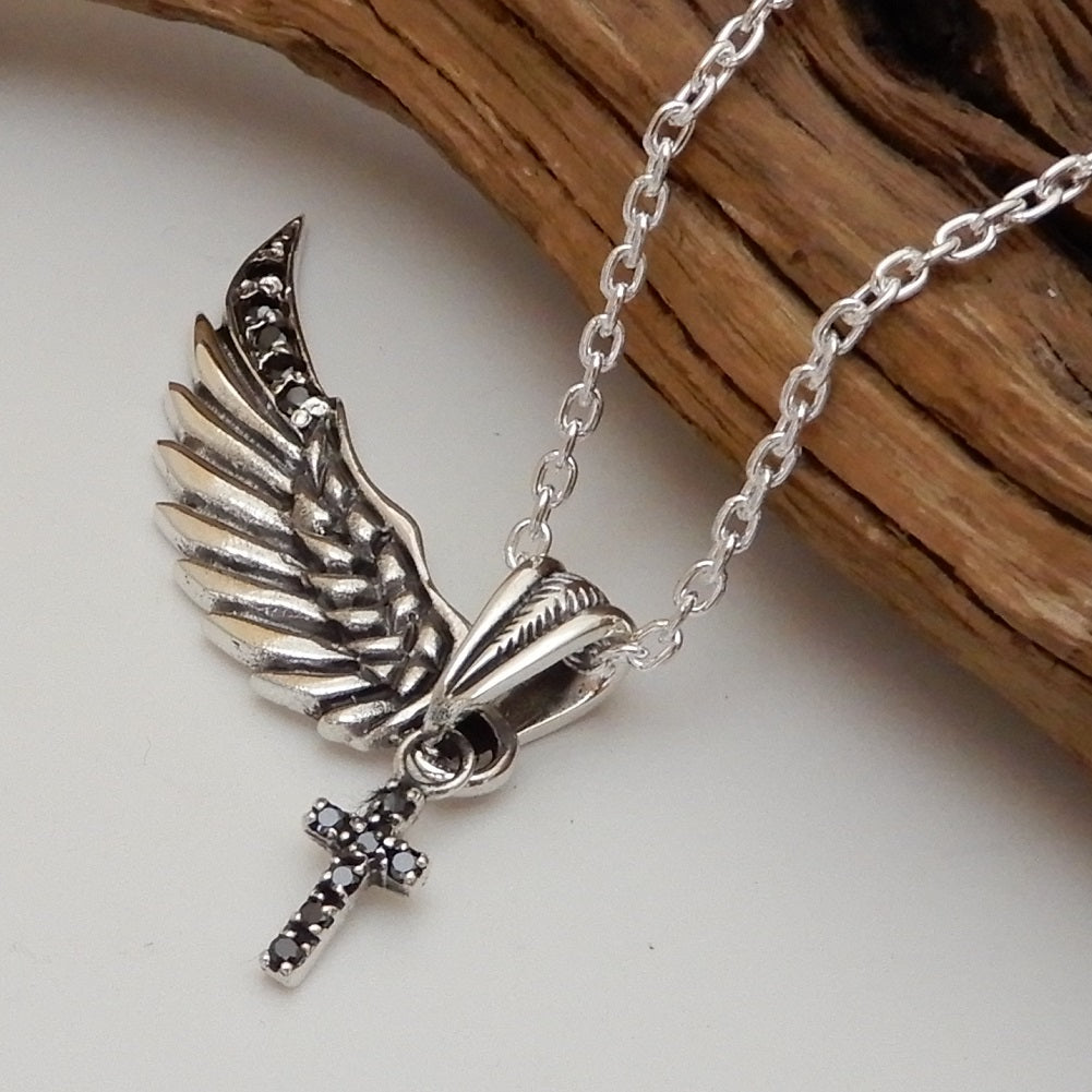 ネックレス メンズ シルバー925 十字架 フェザーネックレス シルバーネックレス メンズネックレス 羽 クロス ペンダント シルバー925 あずきチェーン付き ヘッド チェーン共にシルバー925 お守り パワー アクセサリー ブランド 100 point