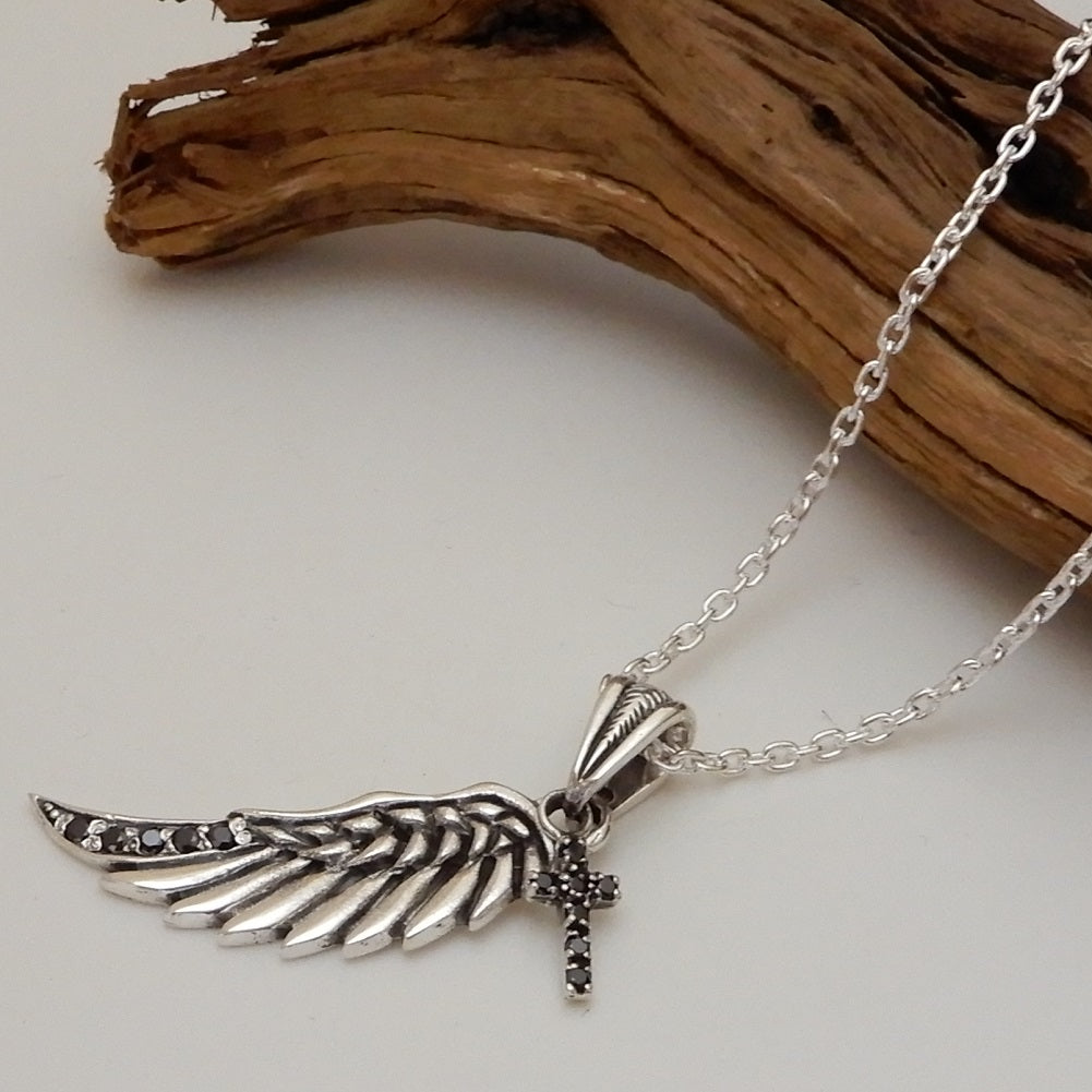 ネックレス メンズ シルバー925 十字架 フェザーネックレス シルバーネックレス メンズネックレス 羽 クロス ペンダント シルバー925 あずきチェーン付き ヘッド チェーン共にシルバー925 お守り パワー アクセサリー ブランド 100 point